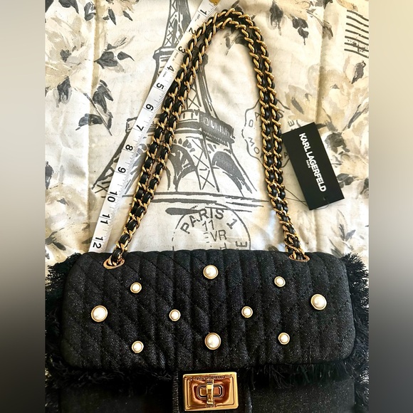 NWT Elegant Karl Lagerfeld Paris Agyness Black Denim Pearl-Embellished Bag - Picture 12 of 13